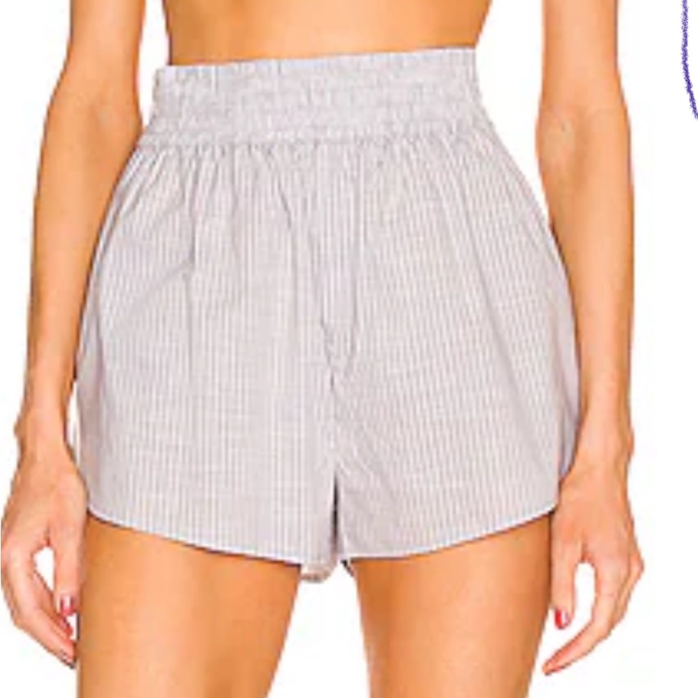 Weekend Stories Light Gray & White Pinstripe Dolphin Hem Shorts, Side pockets,XS